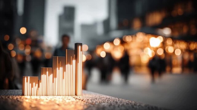 Financial growth represented by abstract wooden bars in a bustling city street at dusk, symbolizing economic progress and urban development. ..Created with Generative AI, not depicting real subjects.
