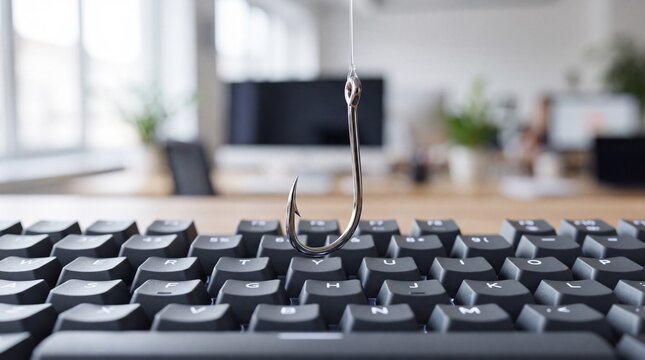 Metal fishing hook hanging above computer keyboard on office desk, representing phishing attack, internet scam, cyber security threat and digital fraud detection.