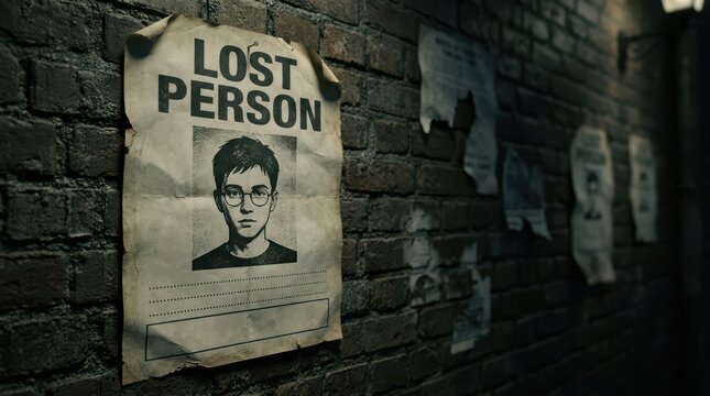 Aged missing person flyer posted on a dark weathered brick wall with vintage peeling paper texture evoking mystery and suspenseful urban