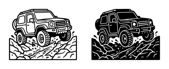 Off-Road SUV Vector Icons, Rugged Terrain Adventure Vehicle, Extreme 4x4 Driving, Black and White Graphic Set © Raiyan