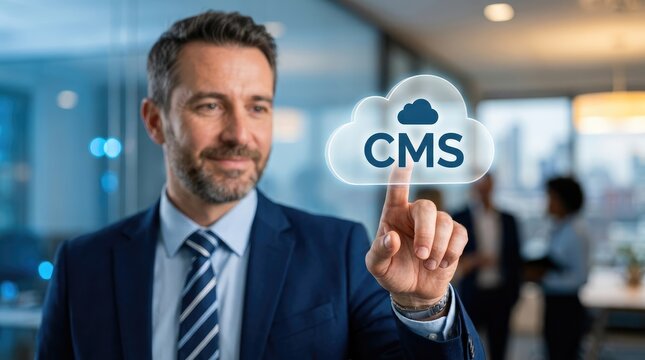 Professional interacting with digital cloud content management system interface in modern office environment with businessperson touches virtual