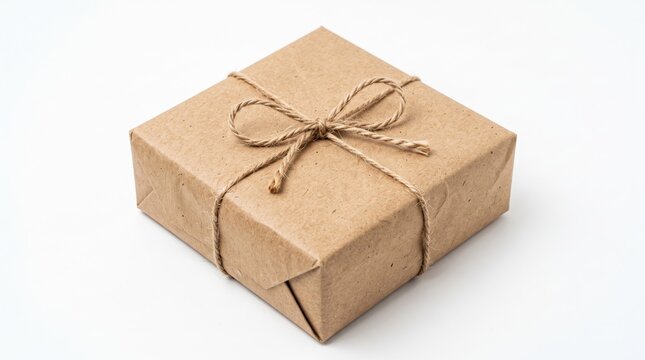 Small square gift box wrapped in brown paper with simple twine bow