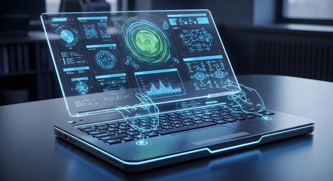 Futuristic laptop with holographic HUD screen showing advanced digital interface and data visualization charts on a desk