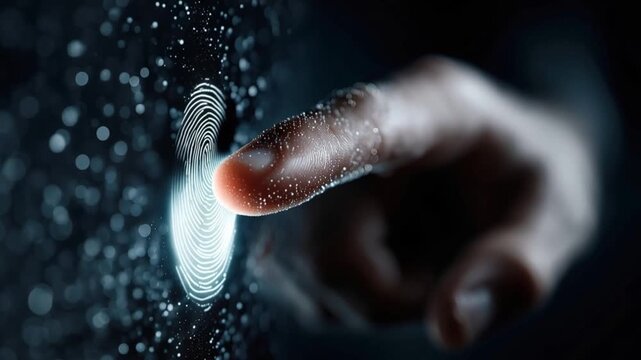 A finger touches a glowing fingerprint scanner, symbolizing digital security and technological innovation in a futuristic abstract setting. ..Created with Generative AI, not depicting real subjects.
