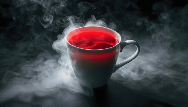 Hot red tea in a white mug with thick swirling steam. Cozy winter beverage and relaxation concepts. Ceramic mug of hot red drink with aromatic steam on a dark background