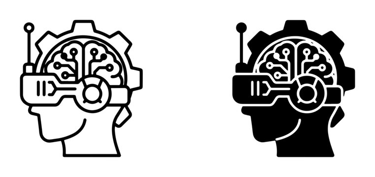 AI Brain Technology, Futuristic VR Headset, Cyberpunk Gear Icon Set. Digital Intelligence, Virtual Reality Concept Art, Machine Learning Vector Graphics.