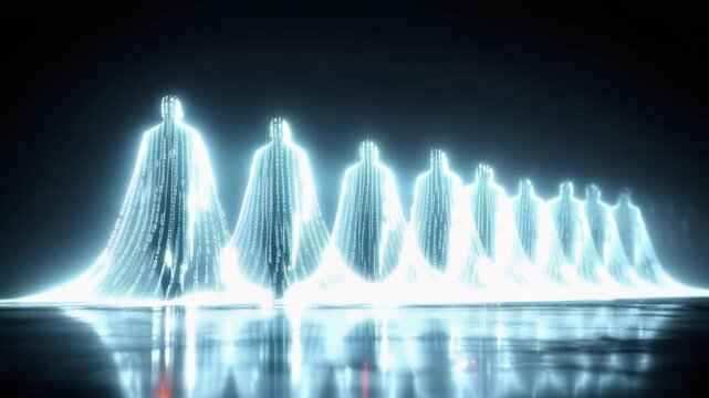 A line of illuminated figures in hooded robes stand in unison, their forms radiating a cool blue light against a dark, reflective surface. ..Created with Generative AI, not depicting real subjects.