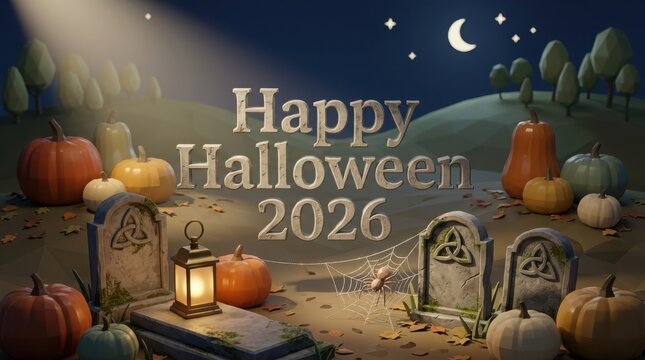 Low poly graveyard scene includes pumpkins and celtic tombstones under crescent moon for happy halloween 2026 message.