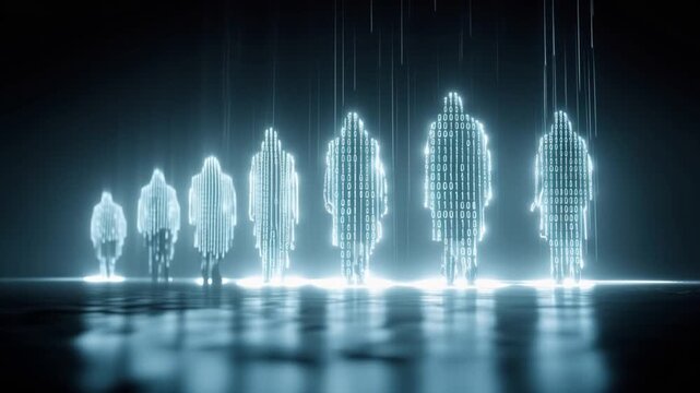 Digital silhouettes of people appear as glowing, futuristic avatars in a dark, abstract space. ..Created with Generative AI, not depicting real subjects.