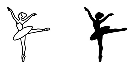 Ballet Dancer Silhouette and Outline Vector Icons, Elegant Female Dancer Poses, Classical Dance Performance Art Graphics © Saifa