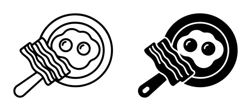 Fried Eggs and Bacon Icon Set, Breakfast Food Graphics, Simple Cooking Symbols, Morning Meal Vector Art