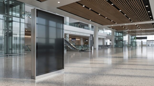 Large empty digital advertising display standing in a modern airport terminal concourse hall