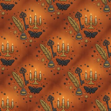 Vintage alchemy pattern showing golden candelabras moth keys and inkwells on burnt orange background for mystical decor.