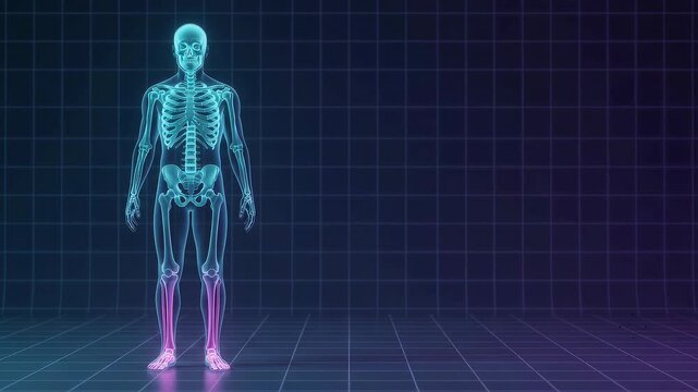 Futuristic 3D animation of a human skeleton with glowing leg highlights standing on a digital grid background.