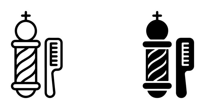 Barber Pole and Comb Icons, Vintage Style and Modern Silhouette, Classic Hair Salon Tools, Retro Business Symbols, Black and White Graphic Elements