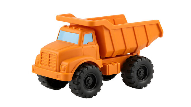 Orange plastic toy dump truck isolated on white background for children play