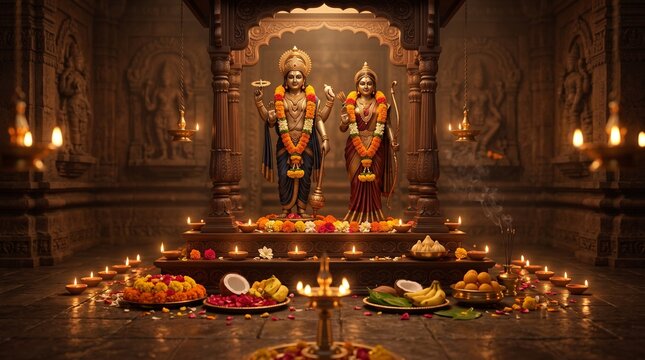 Statues of Lord Rama and Goddess Sita decorated with flower garlands inside a lit ancient stone temple sanctuary