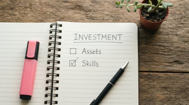 Notebook page listing investment focus on skills and assets with stationery on wooden surface with highlights investment priorities checked skills unchecked