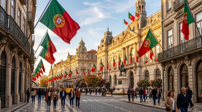 Bustling city street lined with Portuguese flags, classic yellow tram, historic architecture, and pedestrians