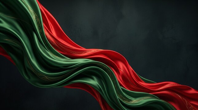 Elegant flowing green and red satin fabric waves with delicate gold embroidery details over a dark textured background. 