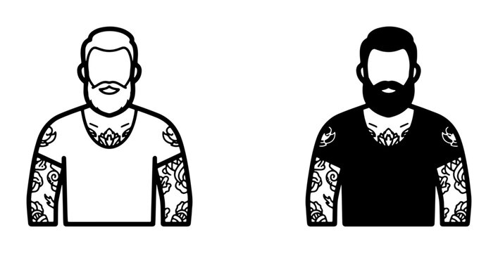 Tattooed Man Icons, Bearded Hipster Vector Graphics, Modern Male Silhouette Set, Minimalist Outline Art