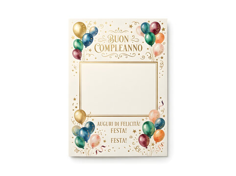 Birthday greeting card template with colorful balloons and gold confetti on white background