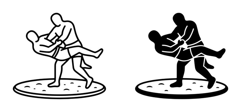 Wrestling Match Icons, Two Styles: Line Art and Silhouette, Grappling Combat Sports Action