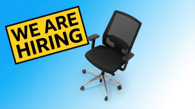Office chair beside hiring announcement sign against blue background with light blue backdrop placed next office advertisement professional with recruitment