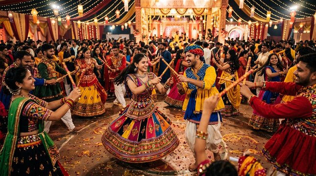 Indian dancers performing Dandiya Raas and Garba in colorful traditional attire during Navratri festival celebrations