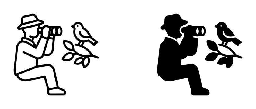 Birdwatching Icon Set, Ornithologist Silhouette and Outline, Nature Observation Graphics