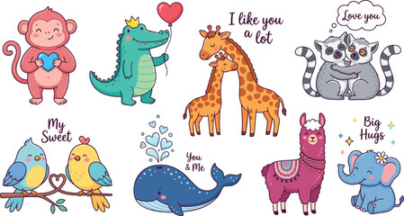 Fototapeta premium Cute cartoon animal stickers set, adorable wild animals with love quotes, nursery vector illustrations for children