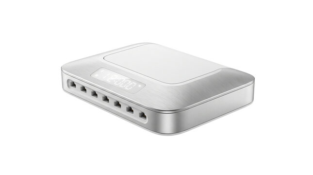 Modern network switch with multiple ethernet ports, silver internet router for home office, high speed data hub on white background