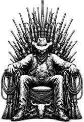 Obraz premium Cowboy King Sitting on Throne of Rifles Vintage Black and White Western Illustration