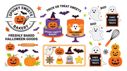 Fototapeta premium Spooky sweets bakery vector illustration set featuring cute halloween pumpkins ghosts and colorful holiday party treats