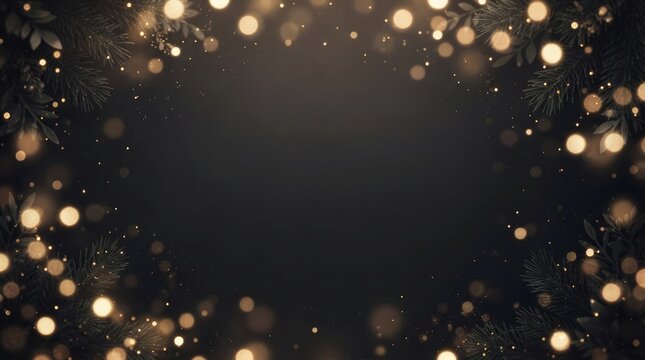 Golden holiday frame background with soft bokeh lights and pine branches on dark background with copy space