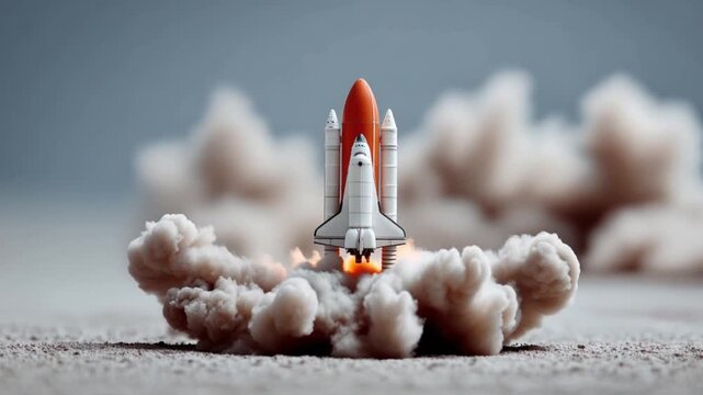 A detailed miniature model of a space shuttle blasts off from a dusty surface, with plumes of smoke and flame engulfing the launchpad. ..Created with Generative AI, not depicting real subjects.