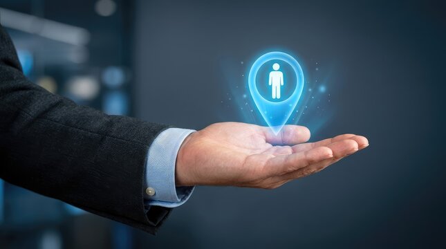 Hand holding glowing digital user icon above palm in futuristic office environment with extends upward supporting palm modern setting digital representation