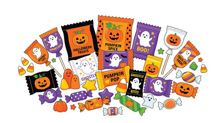 Fototapeta premium Halloween candy vector illustration featuring colorful trick or treat snacks with cute ghosts and pumpkins