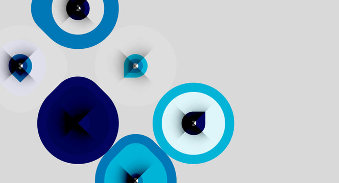 Abstract composition featuring overlapping circles, varying shades blue, gray background. Minimalist design, modern aesthetic, geometric shapes present.