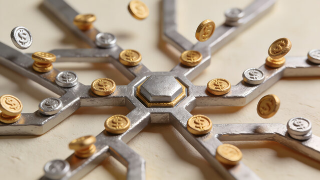 3D Clay Claymation Algorithmic Trading Concept, Gold and Silver Dollar Coins Floating on Circuit Network, Automated Stock Market Flow, FinTech Data Analytics, Investment Concept