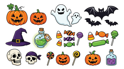 Obraz premium Colorful vector illustration collection featuring scary halloween elements like pumpkins ghosts bats skulls and candy treats