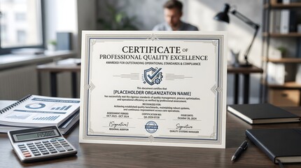 Obraz premium Professional certificate of quality excellence on a modern office desk