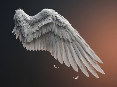 White angel wing with falling feathers on dark gradient background