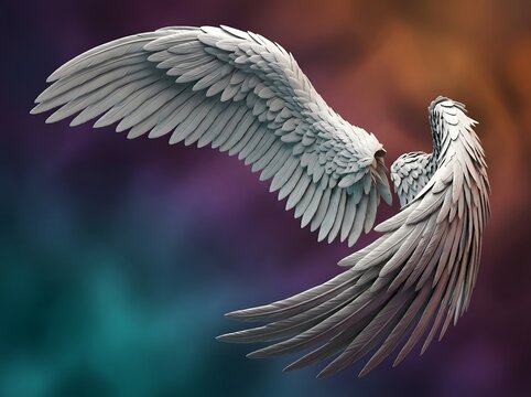 Pair of white feathered wings on colorful blurred background