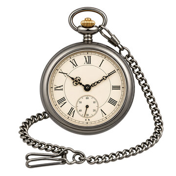 Classic vintage pocket watch with metal chain on an isolated background.