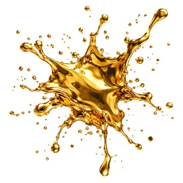 Dynamic golden liquid splash isolated on white background with shiny droplets and fluid motion, realistic 3D render of molten gold
