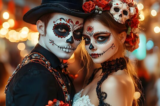 Day of the Dead couple in Halloween costumes