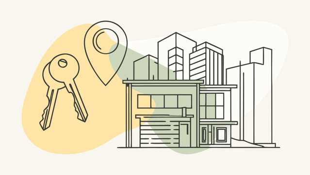 House and urban buildings are illustrated with keys and a map pin icon for a real estate concept.
