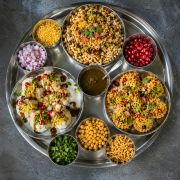 Indian Chaat Platter Bhel Sev Dahi Puri Overhead