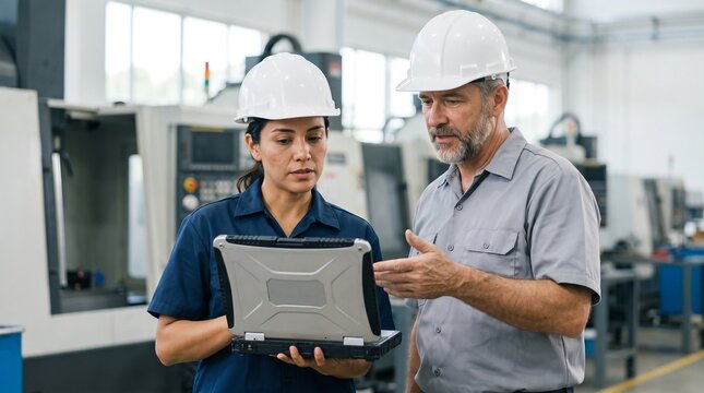 Engineer holding laptop while discussing production with supervisor on factory floor. A hispanic woman and caucasian coworker manage maintenance in technical service industry plant.